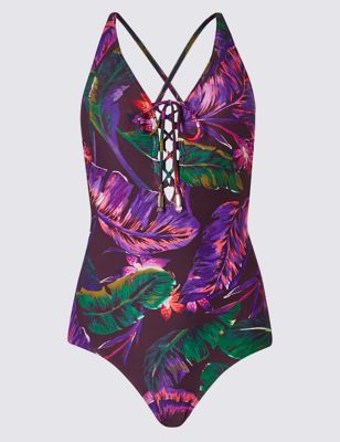 Secret Slimming&trade; Lace-up Floral Swimsuit